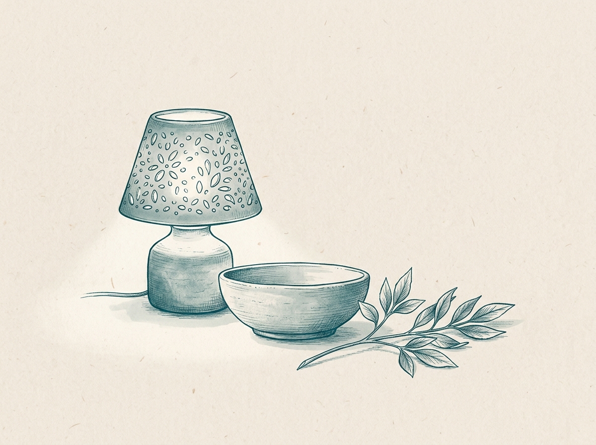 Ink illustration of a clay lamp, a low bowl and a sprig