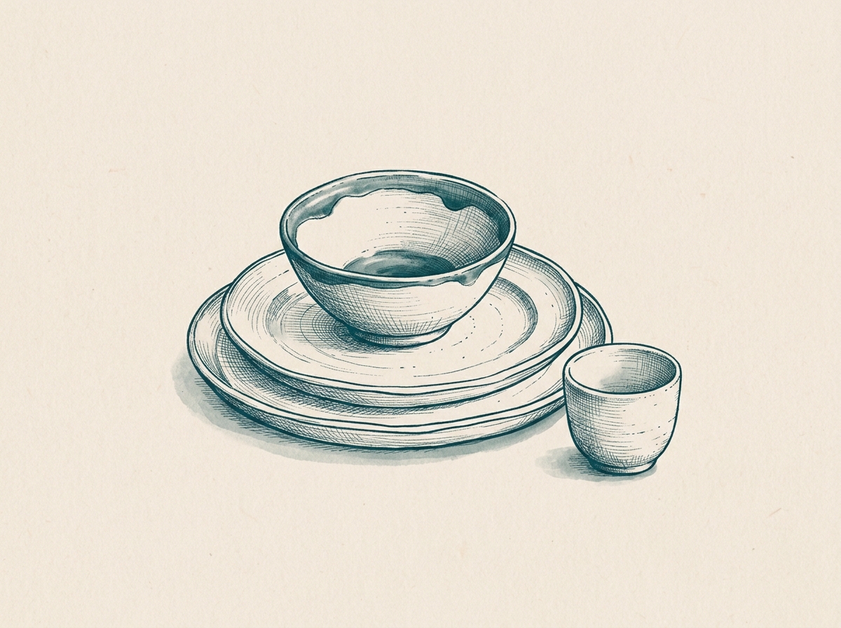 Ink illustration of stacked plates, bowls and a cup